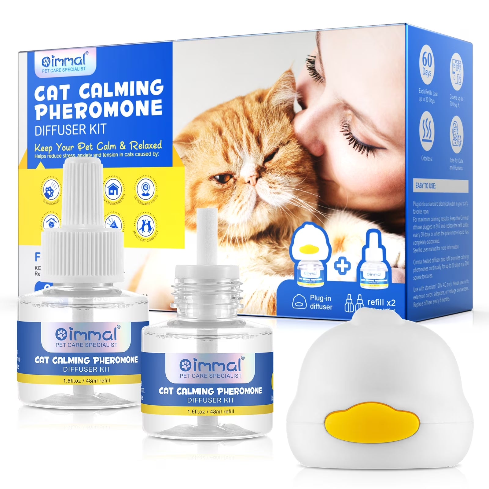 Cat Calming Pheromone Diffuser,2 in 1 Plug-In Cat Calming Diffuser Kit for Cat Anxiety Relief(60 Days Supply 1 Diffuser & 2 Refill)