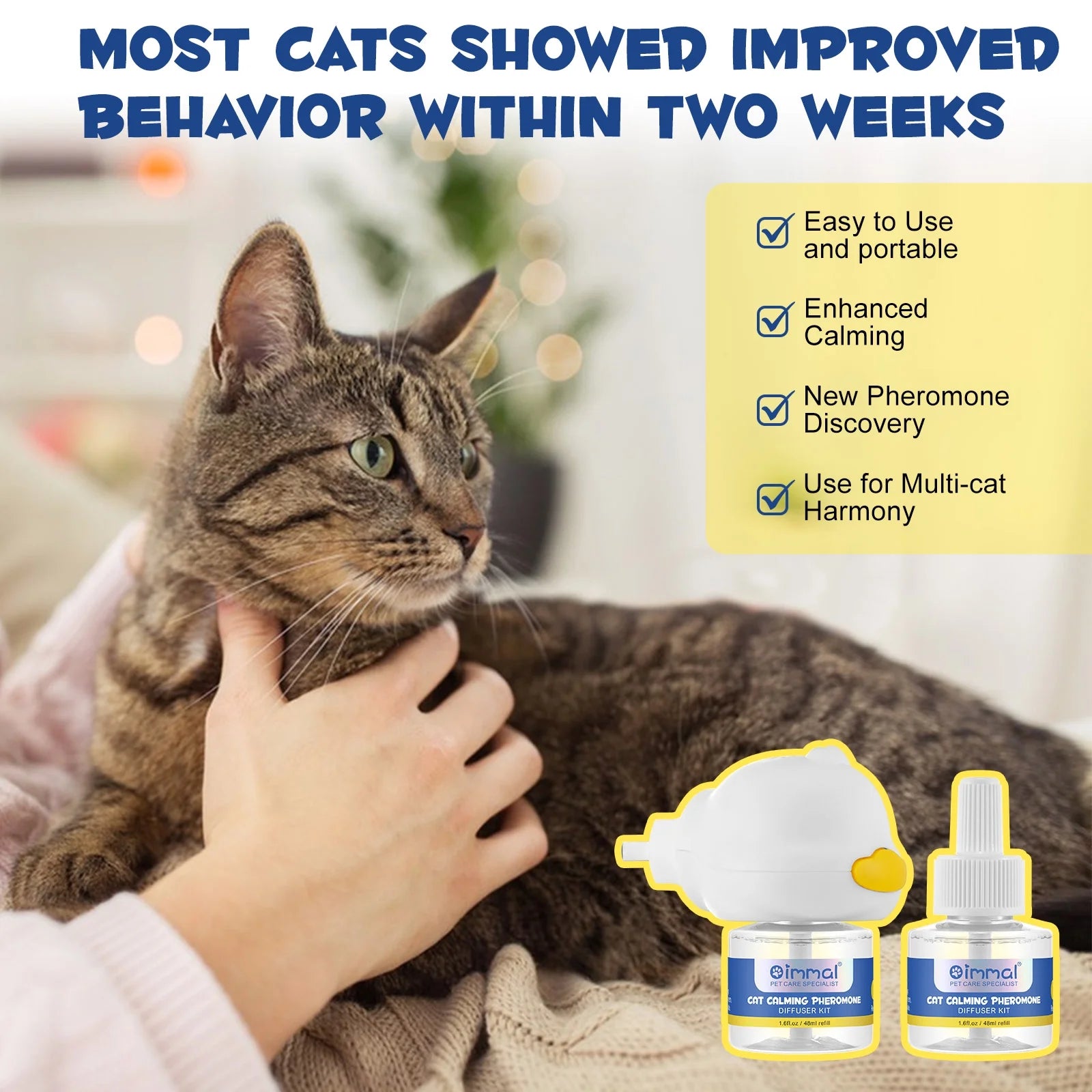 Cat Calming Pheromone Diffuser,2 in 1 Plug-In Cat Calming Diffuser Kit for Cat Anxiety Relief(60 Days Supply 1 Diffuser & 2 Refill)